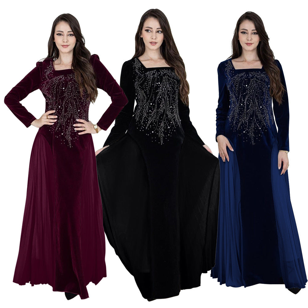 Xqy500222 Dubai Arabic Muslim Korean Velvet Chiffon Stitching Rhinestone Evening Dress Jalabia Women's Dress