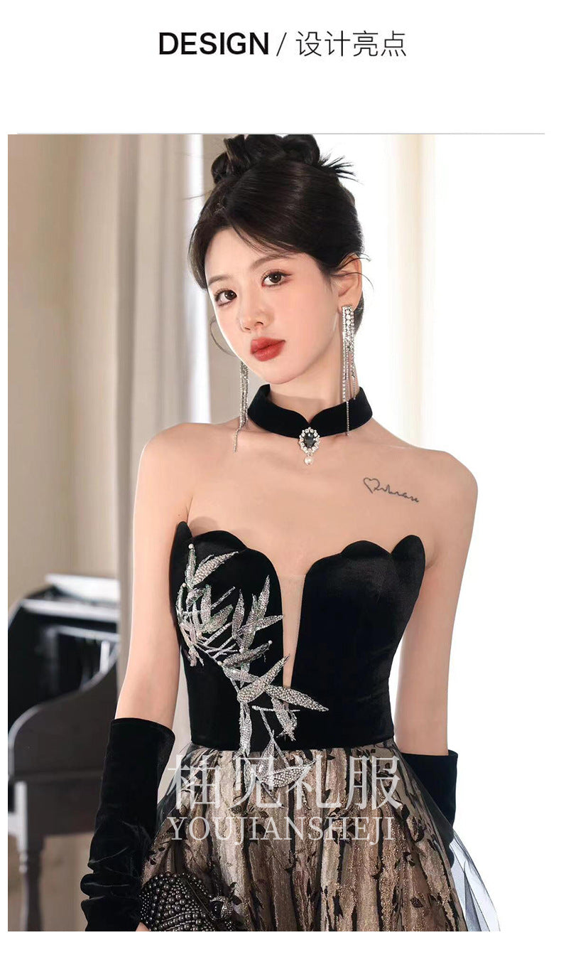 Tube Top Toast Dress Black New Chinese Style Morning Gowns Women's Bride Engagement Dress Banquet Temperament Host Evening Dress