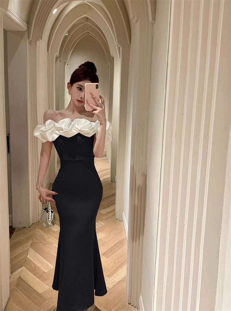 2883 Cross-Border Foreign Trade Women's Clothing Wholesale Southeast Asia off-Shoulder Contrast Color Evening Dress Temperament Slimming Fishtail Dress