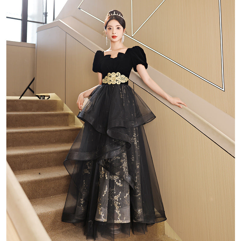 Black Evening Dress Women's High-Grade 2024 Light Luxury Minority High-End New Banquet French Summer Host Art Exam Dress