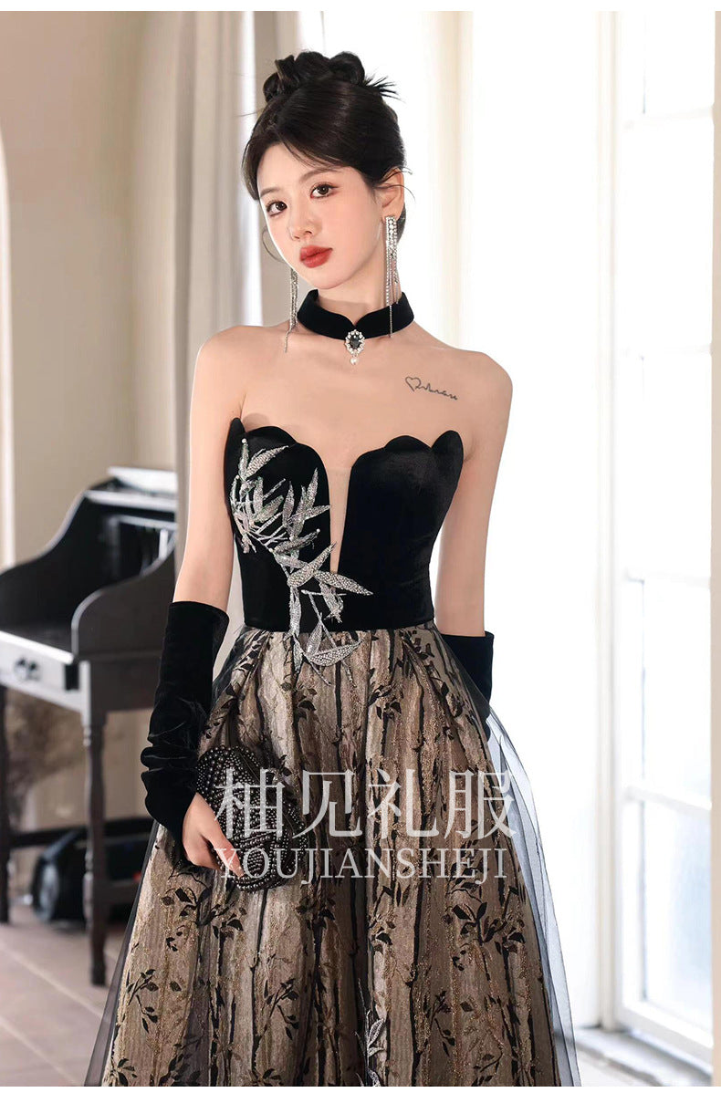 Tube Top Toast Dress Black New Chinese Style Morning Gowns Women's Bride Engagement Dress Banquet Temperament Host Evening Dress