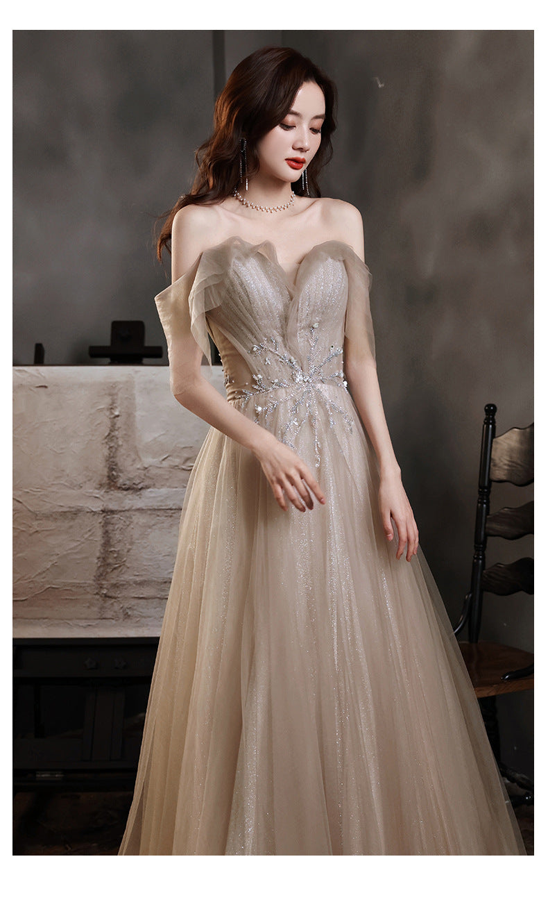 Banquet Evening Dress 2024 New off-Shoulder Dignified Socialite Champagne Dress Host Dinner Annual Meeting Gift