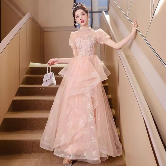 Pink Evening Dress High Sense Banquet Temperament High-End Affordable Luxury Niche Host Fairy Princess Dress Adult Ceremony