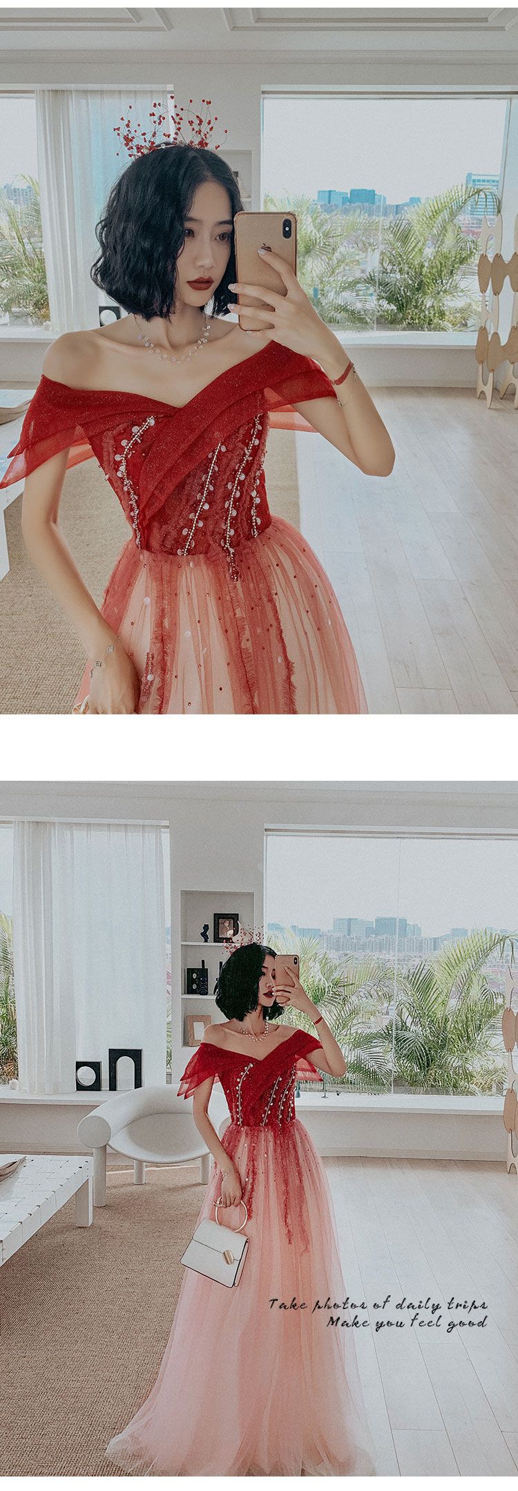 off-Shoulder Slimming Gradient Red Toast Dress 2024 New Bride Banquet Annual Meeting Wedding Party Dress Wholesale