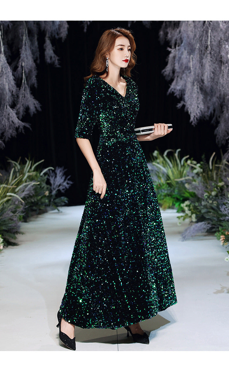 Green Sequins Annual Party Evening Dress Female 2024 Spring and Spring New Banquet Temperament Texture Host Long Dress