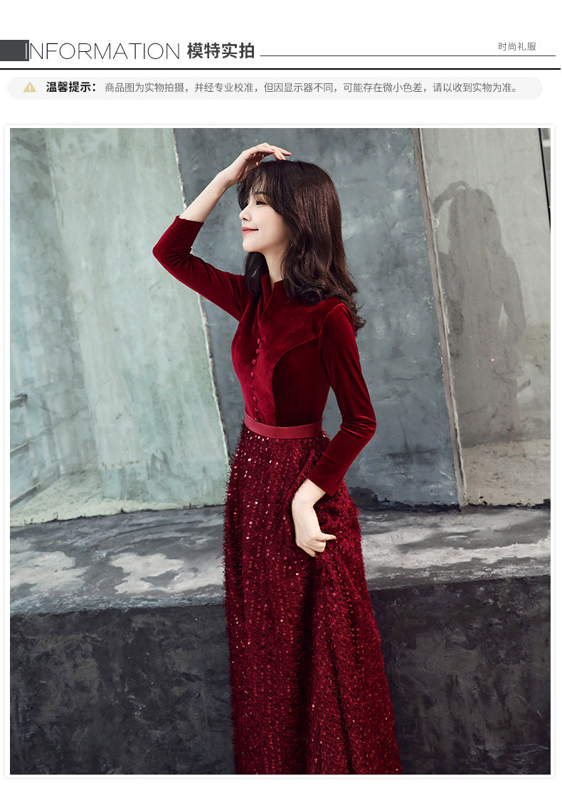 Evening Dress for Women 2024 New Elegant Toast Dress Wine Red Bride Elegant Long Sleeve Wedding Clothes Autumn