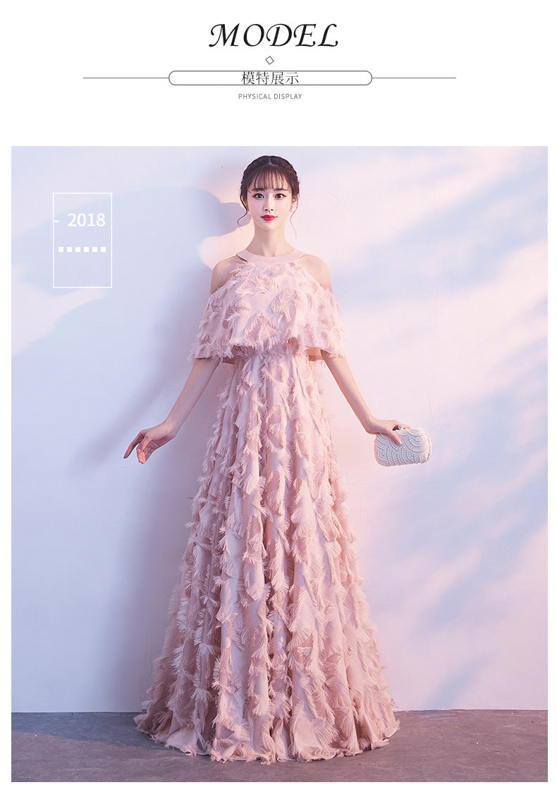 Halter Banquet Evening Dress Dress Women's 2024 Autumn New Elegant Long Slimming Solo Art Exam Pink Bridesmaid
