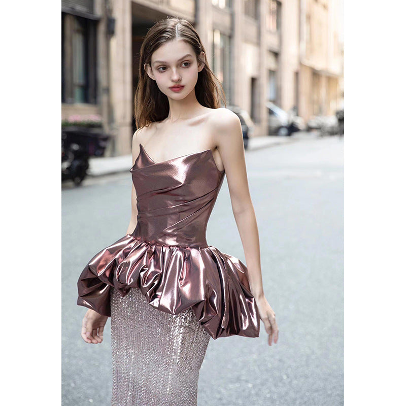 Fishtail Evening Dress Women's High-Grade Banquet Temperament Host Tube Top Bride Engagement Dress Toast Dress Autumn