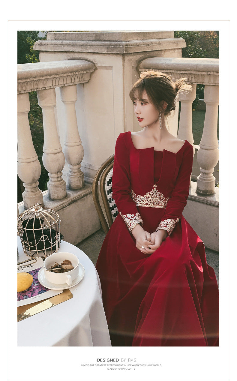 Toast Dress Bride 2024 New Autumn Velvet Long-Sleeved Red Back-to-Door Dinner Dress Marriage Engagement Toast