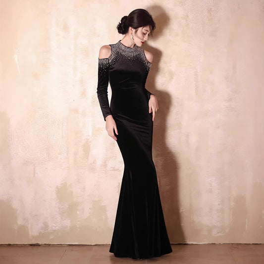 Factory in Stock Wholesale New Elegant and Beautiful off-Shoulder Long Sleeve Banquet Host Black Mermaid Evening Dress for Women