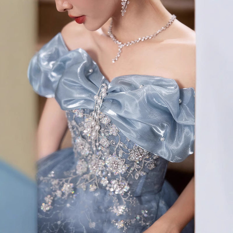 off-Shoulder Blue Evening Dress 2024 New High-End Beautiful Light Luxury Minority Host High Sense Annual Meeting Women