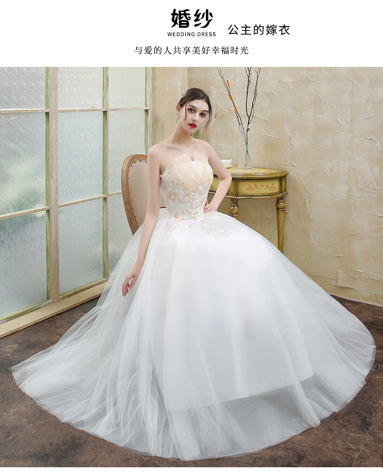 New Wedding Dress Forest Style French Strapless Bride Slimming Simple Wedding Gown Floor-Length Outdoor Veil Light