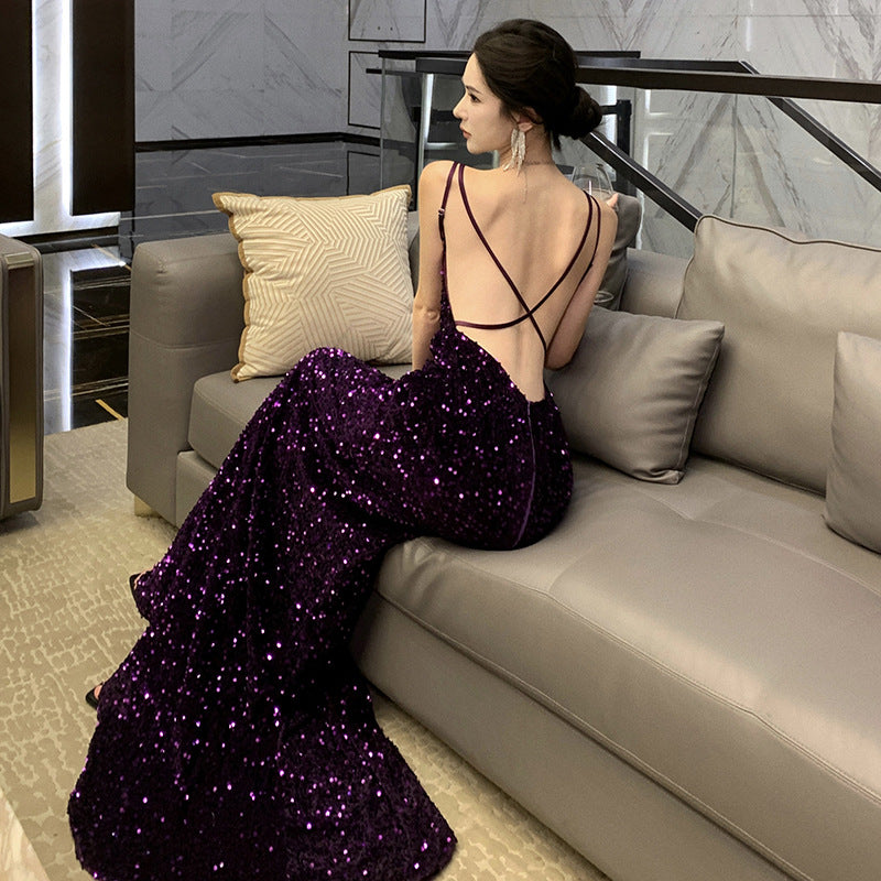 2024 New Small Dress High-Grade Temperament Socialite Heavy Embroidery Sequins Purple Bare Back Sling Dress