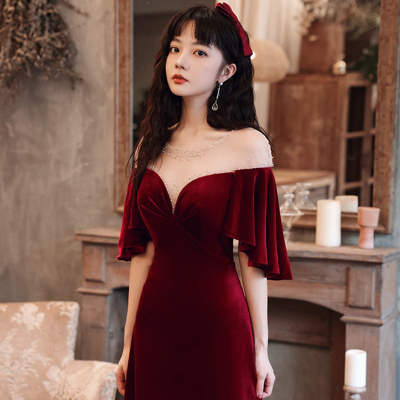 Toast Dress Bride 2024 New Autumn Wine Red V-neck Banquet Evening Dress Elegant Figure Flattering Wedding Toast Dress