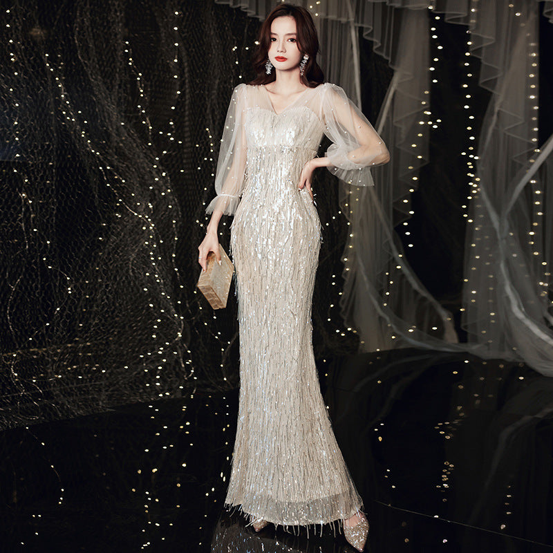 European and American Evening Dress 2024 New Light Luxury Light Luxury Temperament Dress Light Luxury Elegant Top Grade Banquet Dress