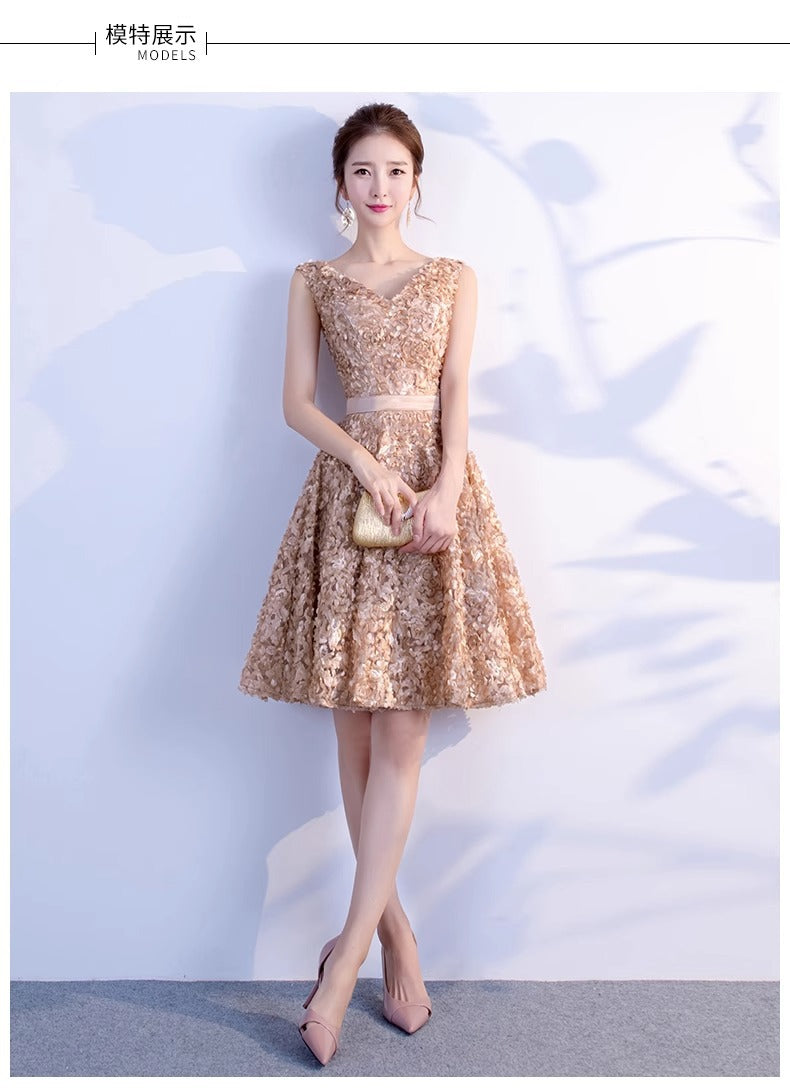 Banquet Dress Short 2024 New Slim-Fit Double Shoulder Champagne Birthday Party Graduation Bridesmaid Evening Dress Autumn