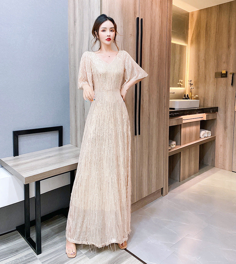 Starry Evening Dress Dignified Temperament Bride Toast Dress V-neck Flared Sleeves Sequined Tassel Slimming Long Dress Women