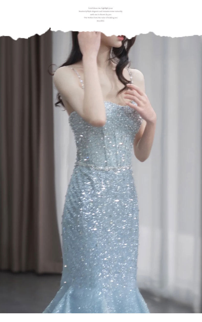Fishtail Evening Dress High-Grade Model Catwalk Student Art Exam Toast Dress Bride Super Fairy Blue French Strap