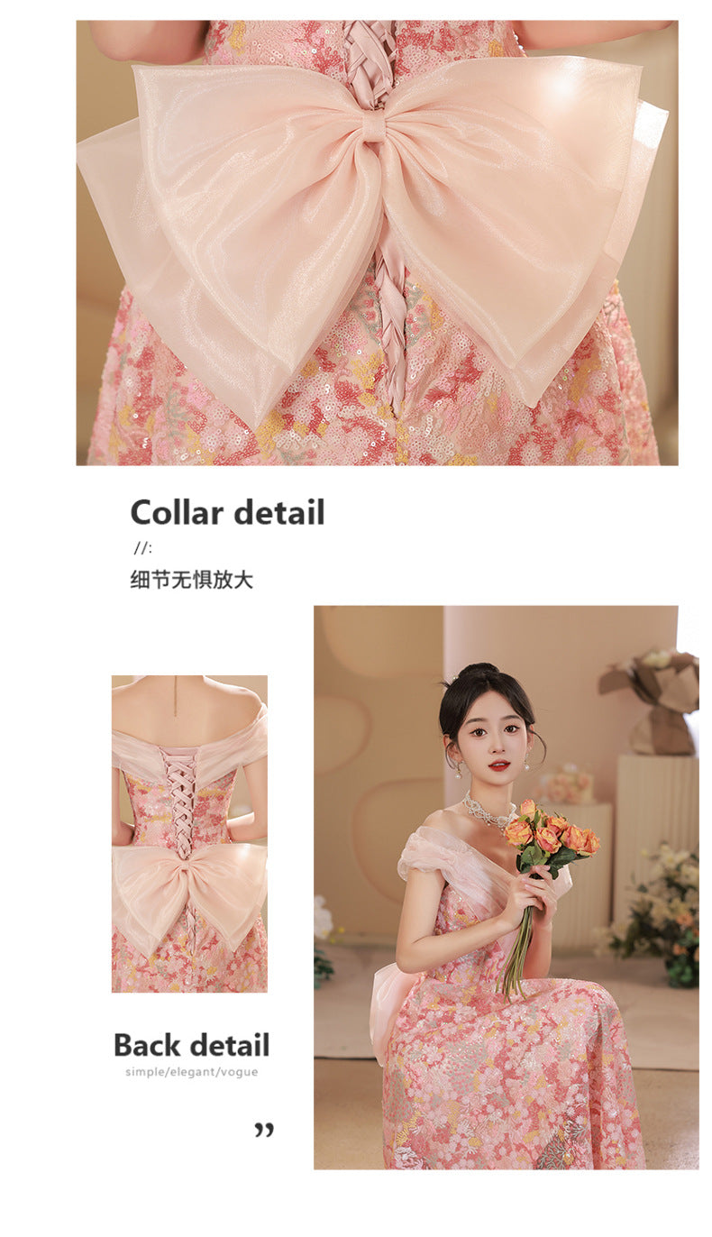 off-Shoulder Slimming Peach Blossom Pink Evening Dress High-End Affordable Luxury Niche Art Exam Solo Dress Engagement License Dress