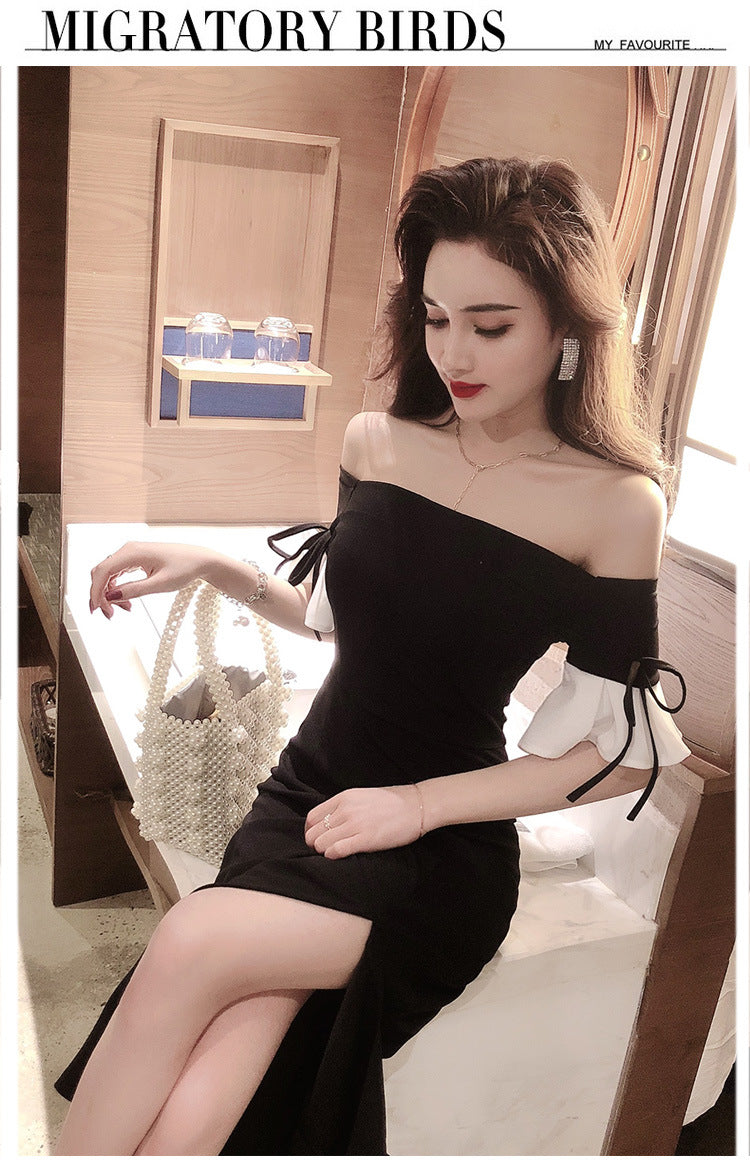 Women's off-Shoulder Black Banquet Evening Dress 2024 New Long Slim Fit Slimming Dress