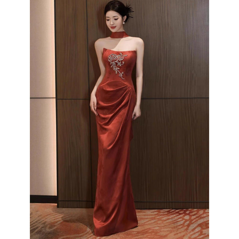 New Chinese Style Morning Gowns Women's 2024 New High-Grade Bride Engagement Formal Dress Toast Dress Tube Top out of Court Banquet Fishtail Skirt