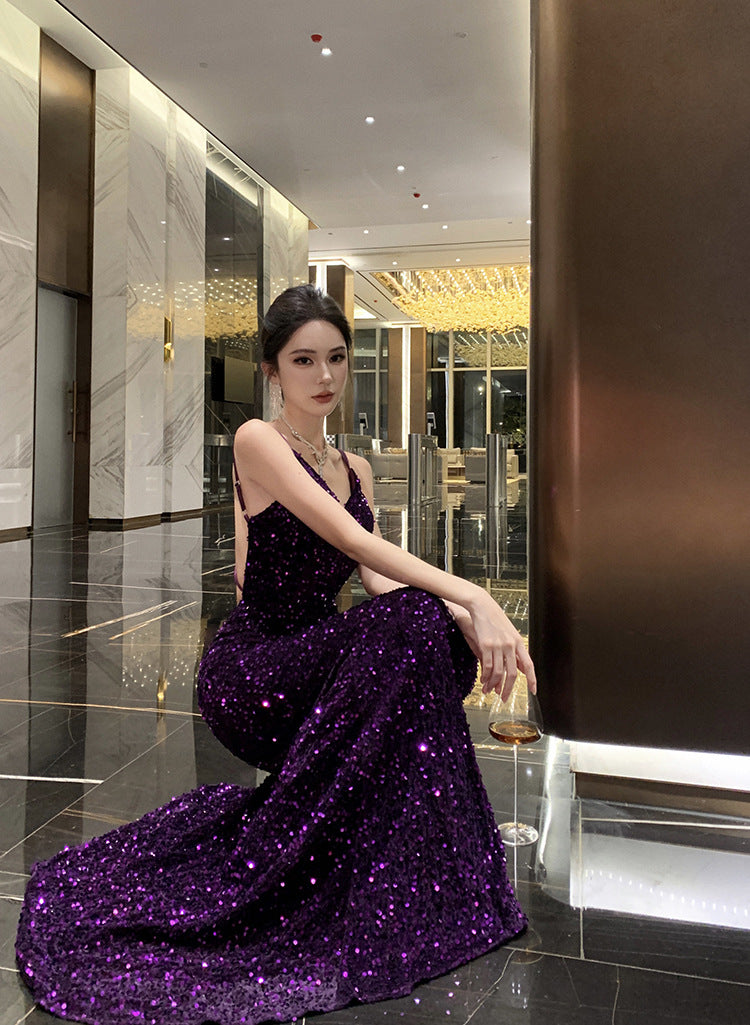 2024 New Small Dress High-Grade Temperament Socialite Heavy Embroidery Sequins Purple Bare Back Sling Dress