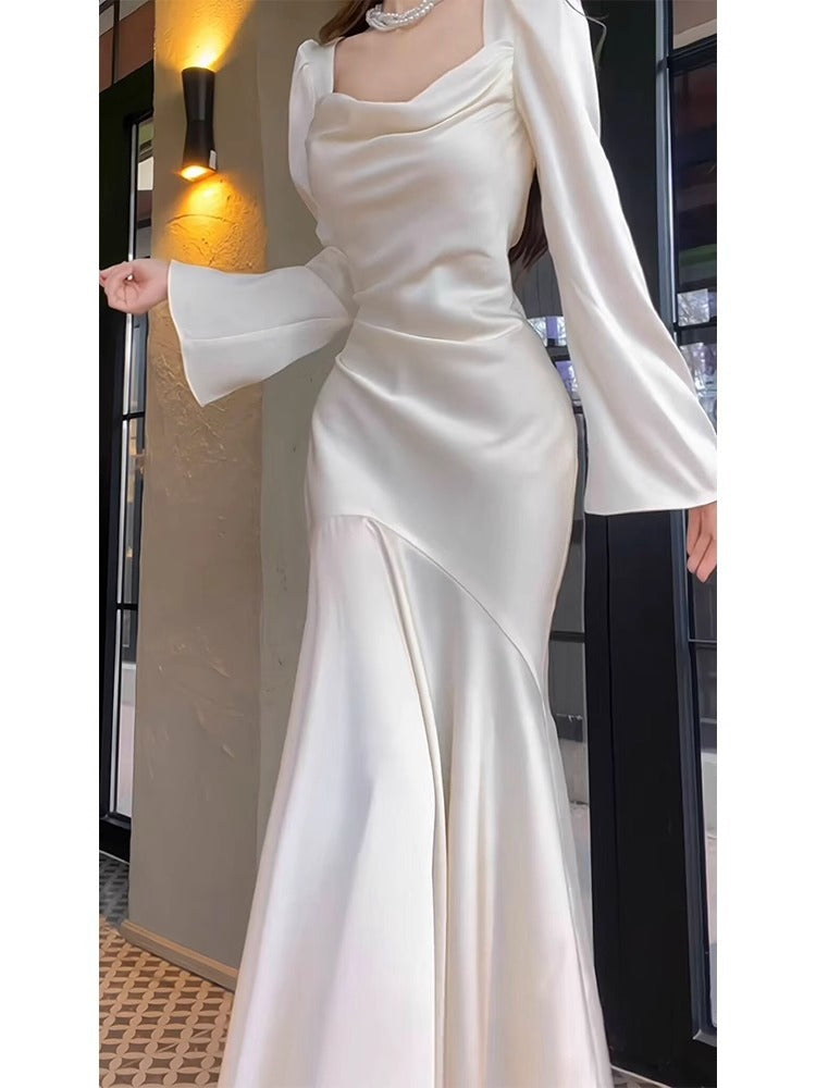 French Style Long Sleeve Fishtail Dress Early Spring High-End Satin Collar White Dress Engagement Dress Wedding Morning Gowns