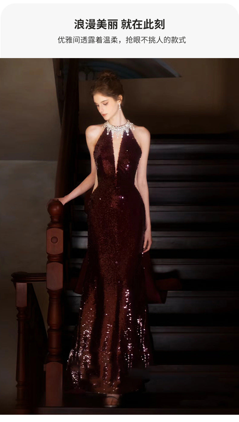 TOAST Clothing 2024 New High Sense Wine Red Bride Engagement Formal Dress Banquet Temperament Host Evening Dress Women