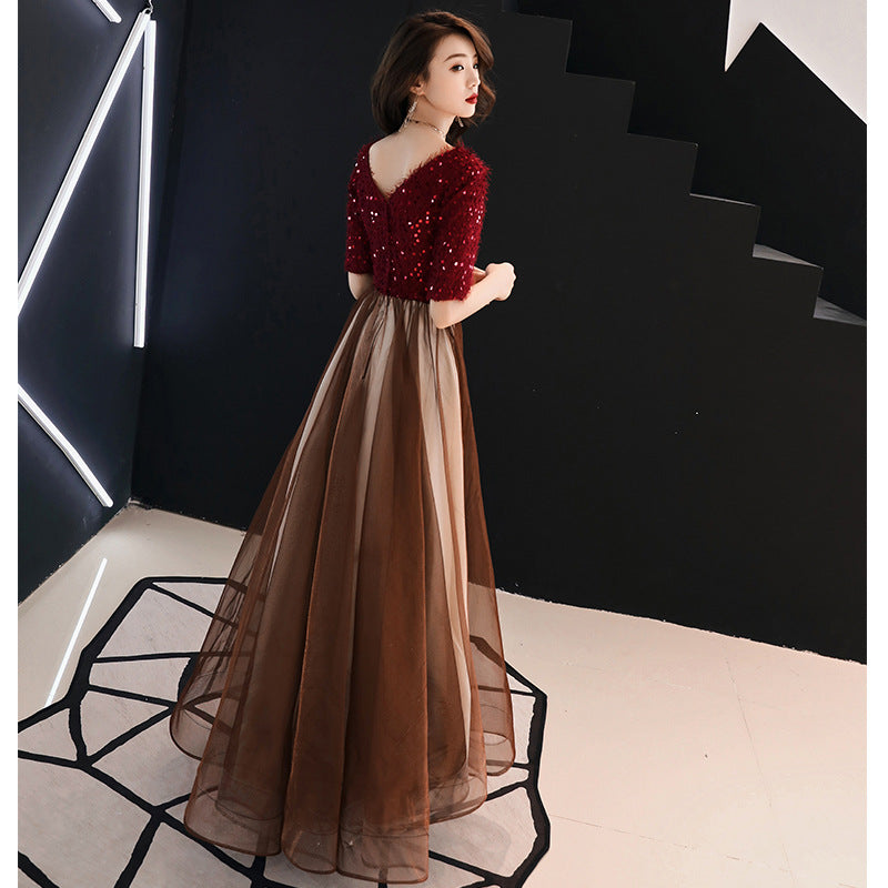 Summer Evening Dress for Women Banquet Temperament Annual Meeting Long Style 2024 New Modern Socialite Host Wine Red Autumn