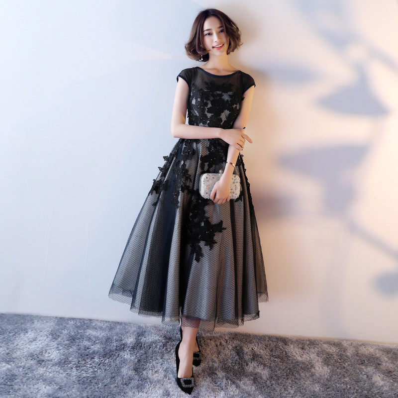 Prom dress elegant Women's Korean-Style Slim-Fit Short Sleeve Black Ball gown Banquet Host Evening Dresses H88923