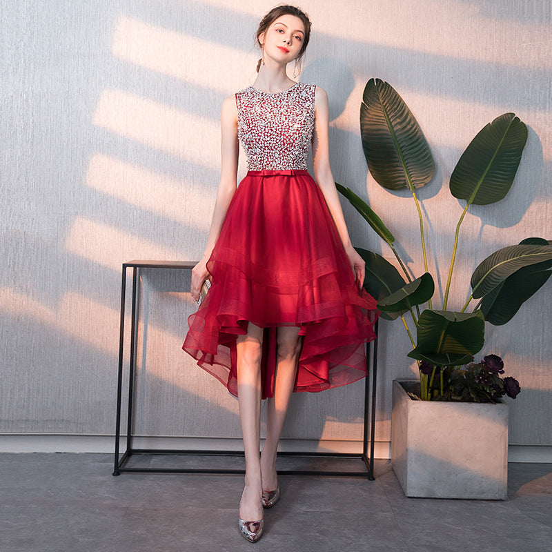 Black Evening Dress Women's New Banquet Noble Performance Front Short Back Long Host round Neck Sequins Small Dress Stage