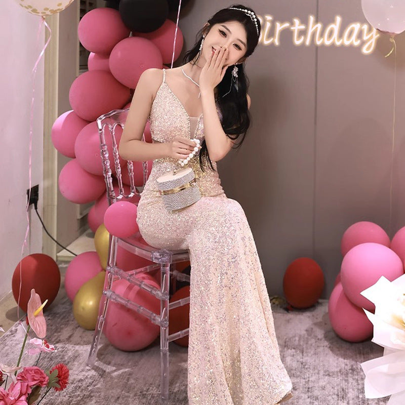High-End Custom Evening Dress for Women Light Luxury High-End Temperament Socialite Autumn and Winter Sequined Toast Dress for Bride High-End