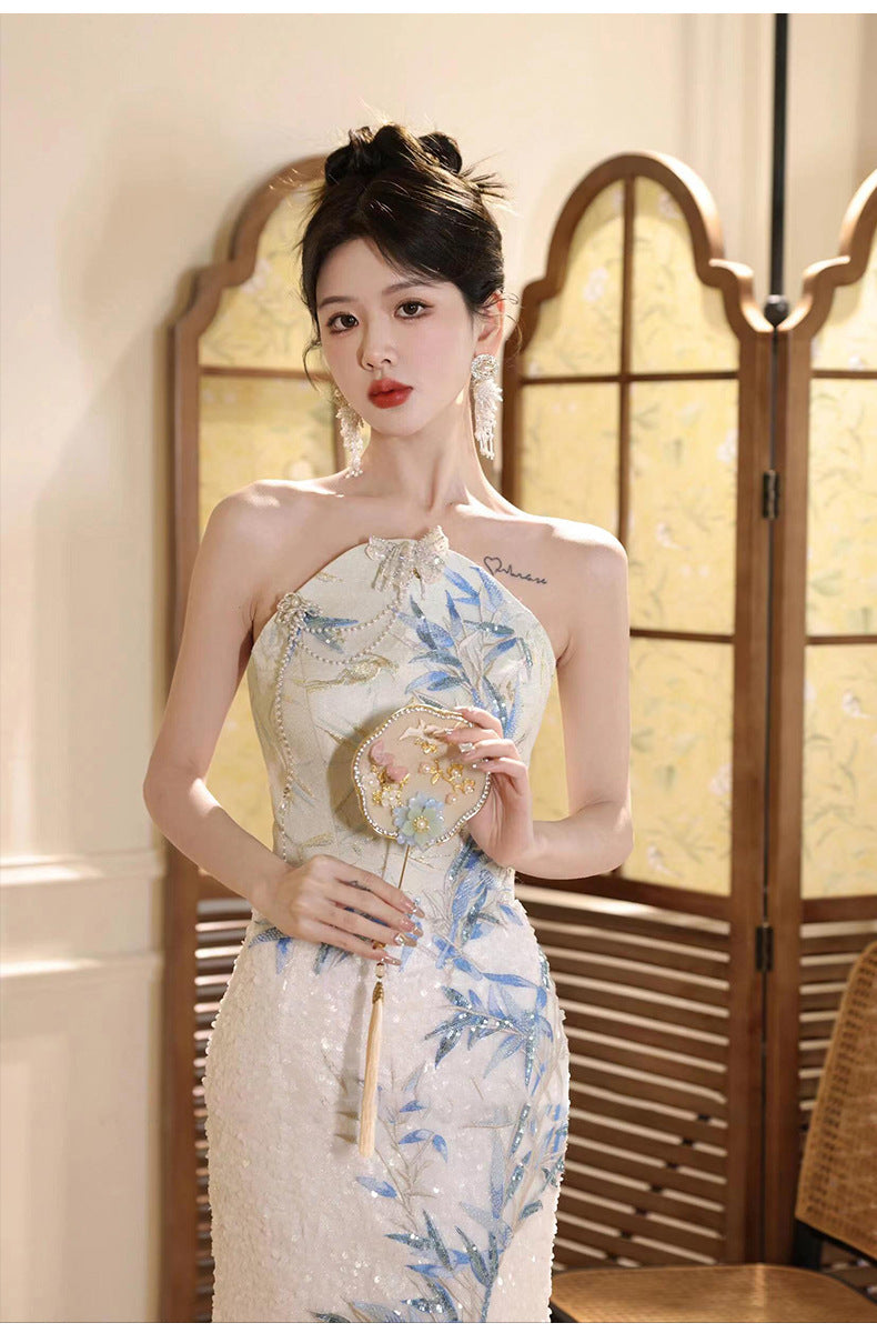 New Chinese Style Cheongsam Banquet Evening Dress Dress Women 2024 New High Sense Bride Engagement Toast Clothing Morning Gowns