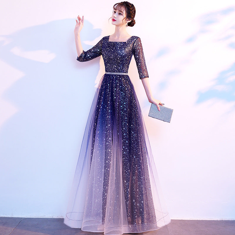 Starry Evening Dress Female Banquet Temperament Daily Style Square Collar Host Chorus Costume Summer Student