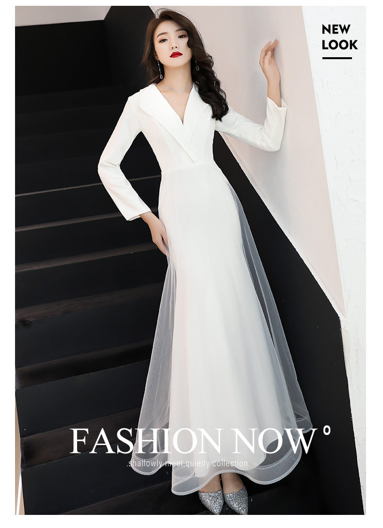 White Evening Dress Women's Long-Sleeved Annual Meeting Host Fishtail Dinner Dress 2024 New Socialite Long Temperament Slimming