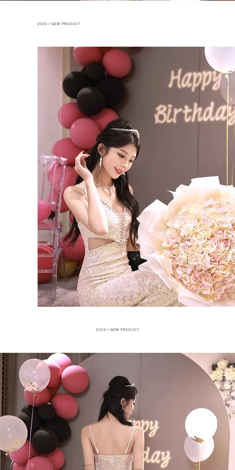 High-End Custom Evening Dress for Women Light Luxury High-End Temperament Socialite Autumn and Winter Sequined Toast Dress for Bride High-End