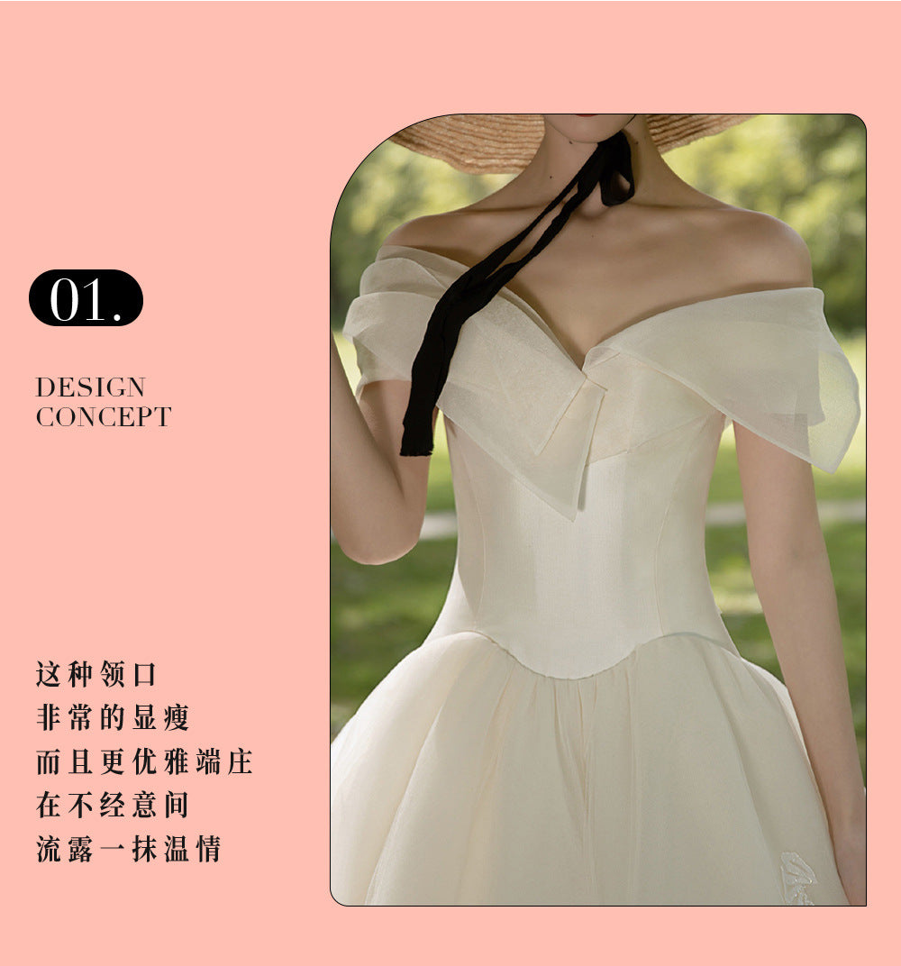 Light Wedding Dress 2024 New Bridal Main Yarn off-Shoulder Simple Satin Wedding Clothes Light Wedding Travel Shoot Floor-Length Wedding Dress