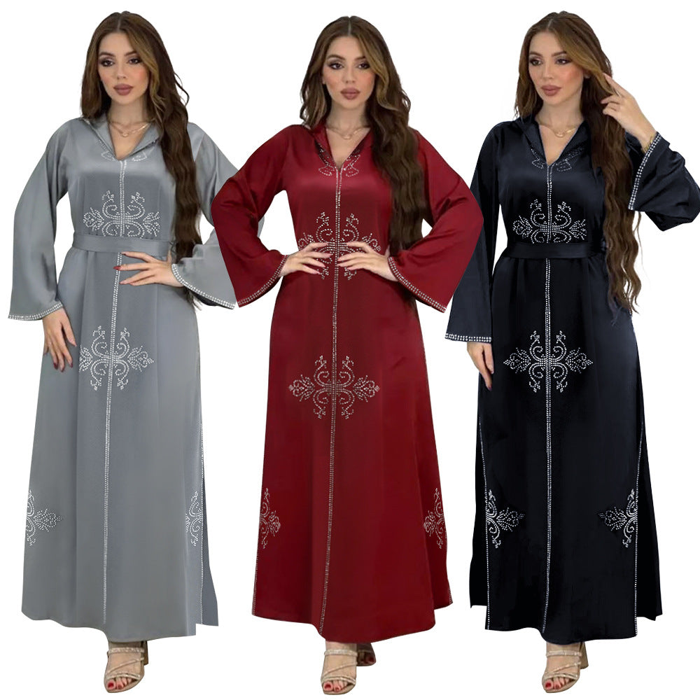 Xqy500157 Middle East Abaya Ethnic Style Dress Hooded Robe Fashion Diamond-Embedded Slits Lower Hem Dress