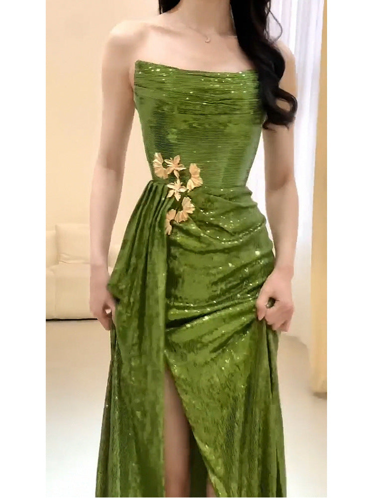 New Chinese Style Green Sequined Morning Gowns Evening Dress 2024 New Bridal Toast Dress Tube Top Birthday Trailing Little Dress