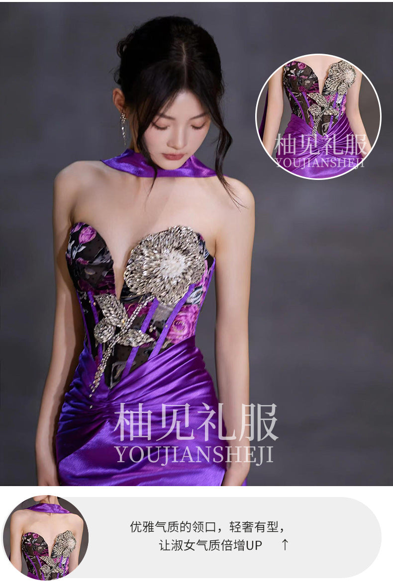 New Chinese Style Morning Gowns Women's 2024 New Design Sense Niche Bride Engagement Skirt Small Size in Purple Trailing Tube Top Toast Clothing