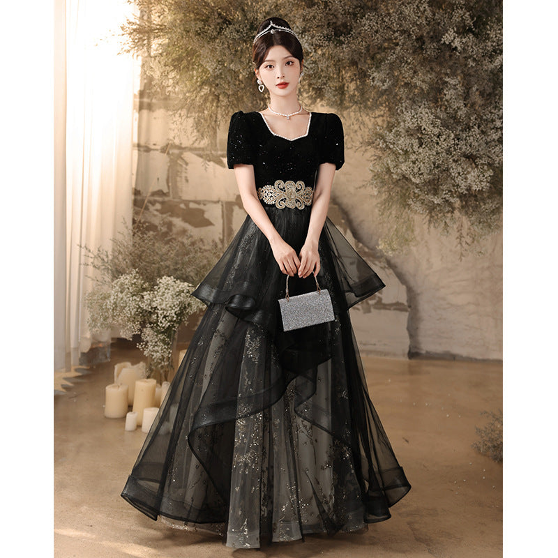 Black Evening Dress for Women 2024 New Banquet Long Sleeve French Summer Vocal Music Art Test Dress Light Luxury Minority High-End