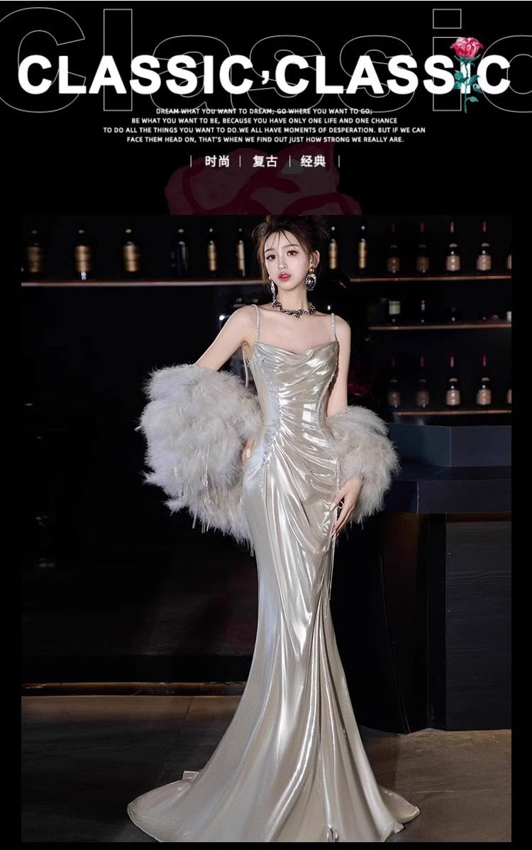 Silver Shiny Evening Dress Morning Gowns 2024 New High-End Sense Light Luxury Minority Birthday Party Sling Toast Dress