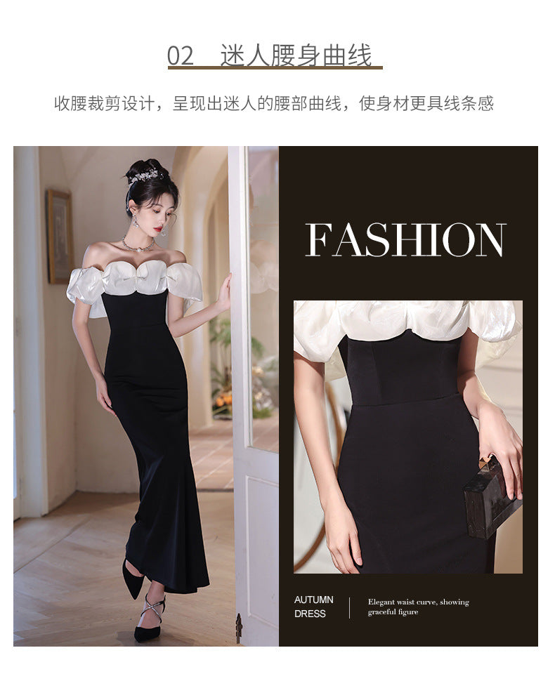 Beautiful off-Shoulder Evening Dress for Women 2024 New High-Grade Light Luxury Minority Banquet Host Elegant Fishtail Dress