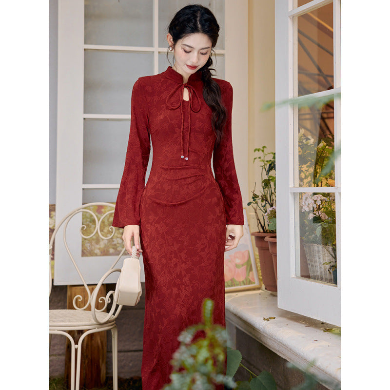 New Chinese Style Women's Long Sleeve Wine Red Dark Pattern Improved Engagement Cheongsam Family Visiting Shoes Toast Dress Wedding Dress