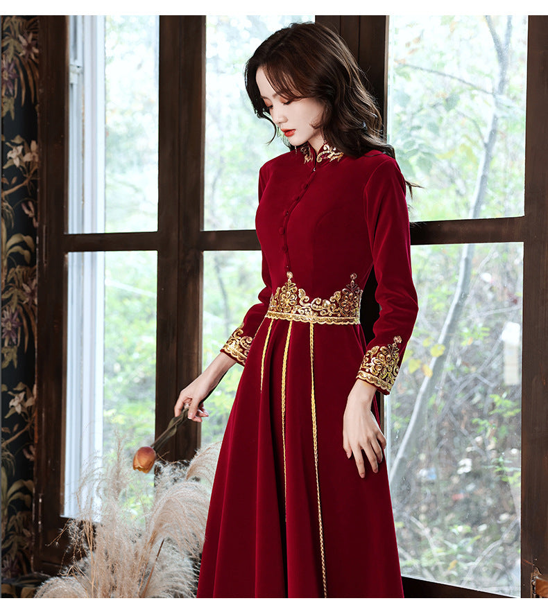 Toast Dress Bride 2024 New Autumn Velvet Chinese Style Wedding Evening Dress Engagement Back-to-Door Banquet Toast