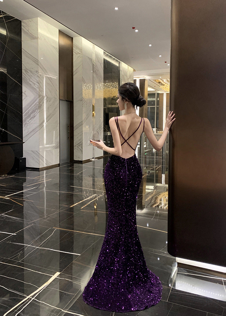 2024 New Small Dress High-Grade Temperament Socialite Heavy Embroidery Sequins Purple Bare Back Sling Dress