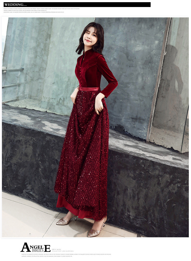 Evening Dress for Women 2024 New Elegant Toast Dress Wine Red Bride Elegant Long Sleeve Wedding Clothes Autumn