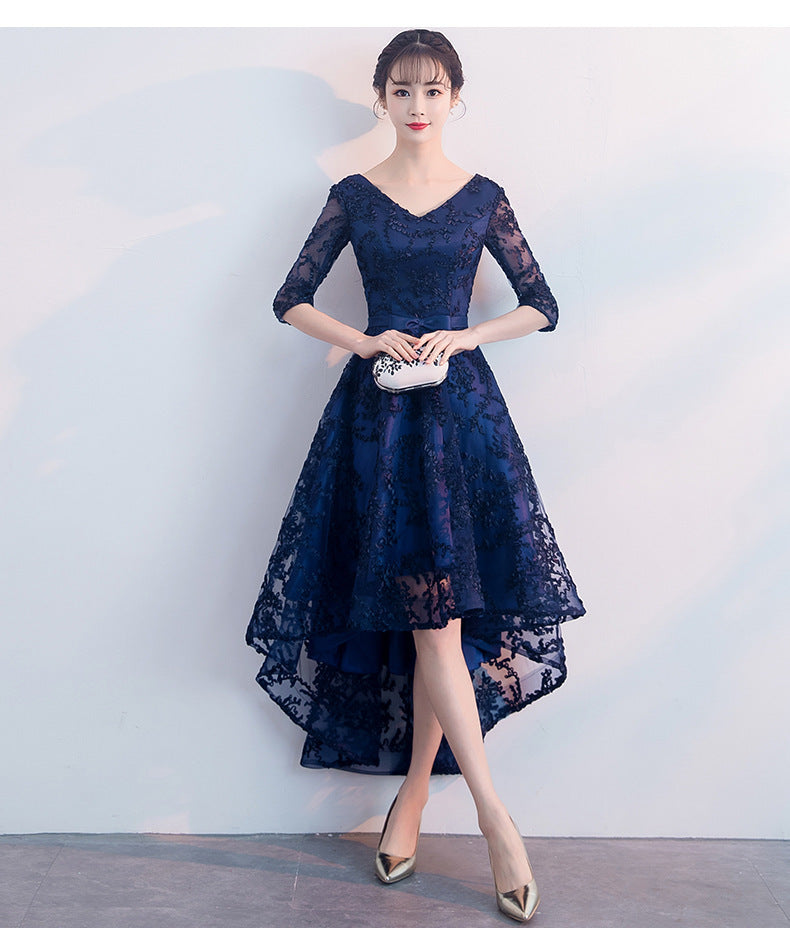 Navy Blue Evening Dress Temperament Banquet Mom Wedding Reception Clothes Front Short Back Length Dress Daily Style Autumn and Winter