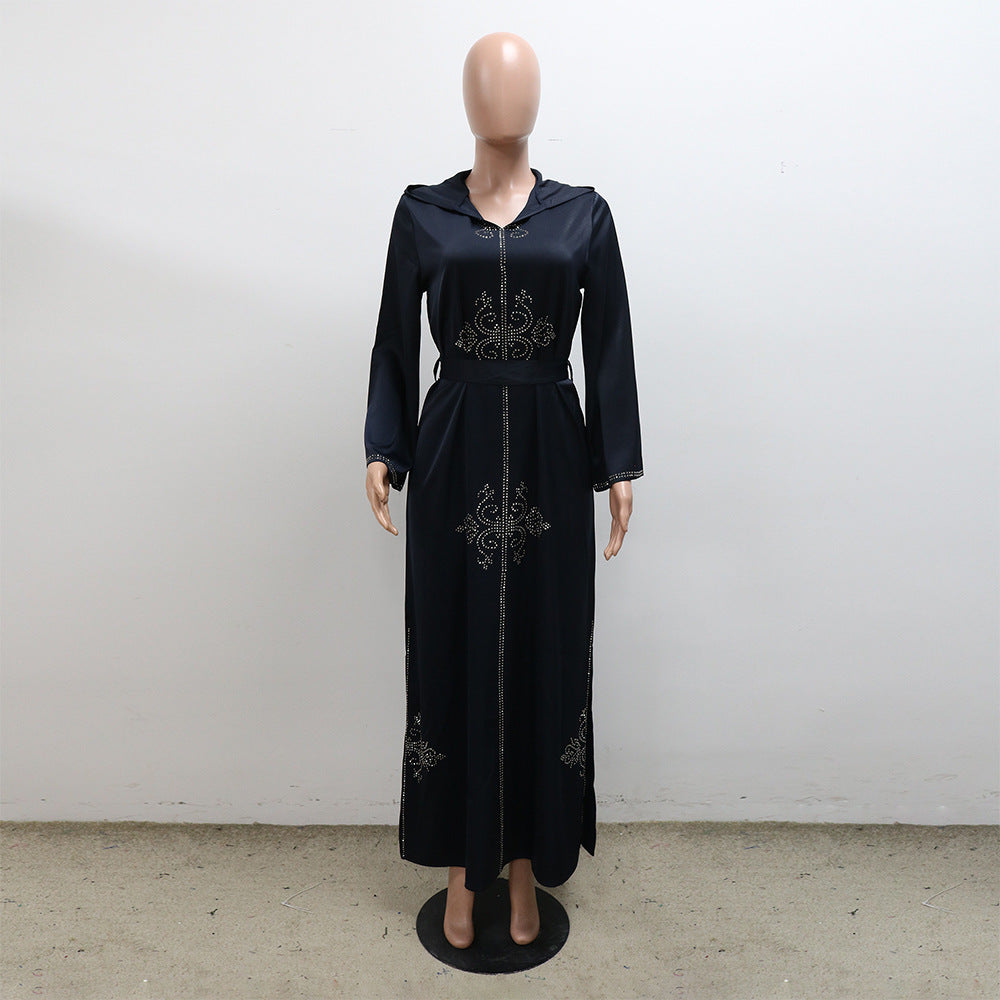 Xqy500157 Middle East Abaya Ethnic Style Dress Hooded Robe Fashion Diamond-Embedded Slits Lower Hem Dress