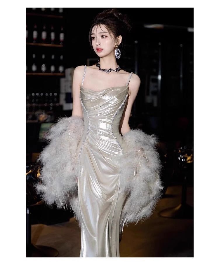 Silver Shiny Evening Dress Morning Gowns 2024 New High-End Sense Light Luxury Minority Birthday Party Sling Toast Dress